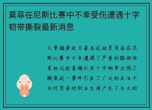 莫菲在尼斯比赛中不幸受伤遭遇十字韧带撕裂最新消息 莫菲在尼斯比赛中不幸受伤遭遇十字韧带撕裂最新消息