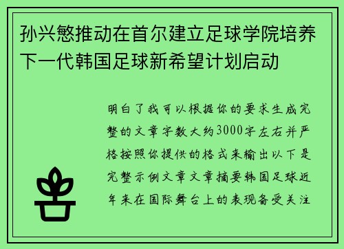 孙兴慜推动在首尔建立足球学院培养下一代韩国足球新希望计划启动